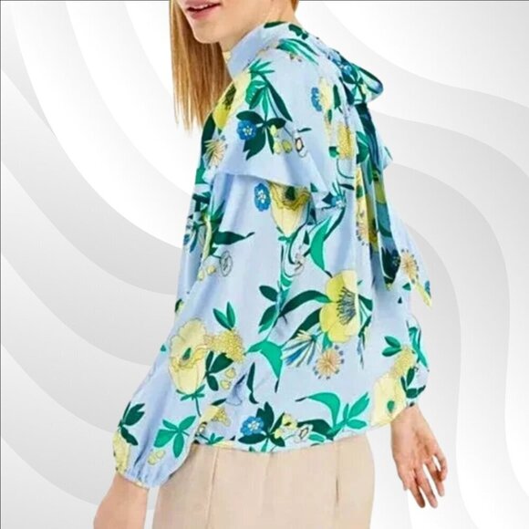 2/$30 INC Floral Ruffle Overlay Tie Neck Blouse Long Sleeve Size M - Picture 2 of 8